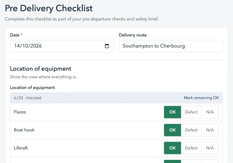 The Hornblower skipper app showing a pre-delivery checklist with safety equipment marked OK