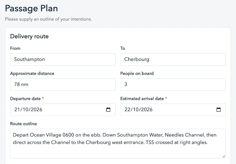 A passage plan in the Hornblower skipper app, Southampton to Cherbourg