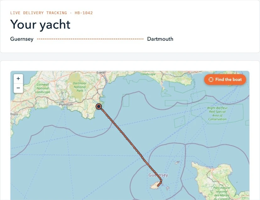 Live delivery tracking map showing a yacht's track from Guernsey to Dartmouth